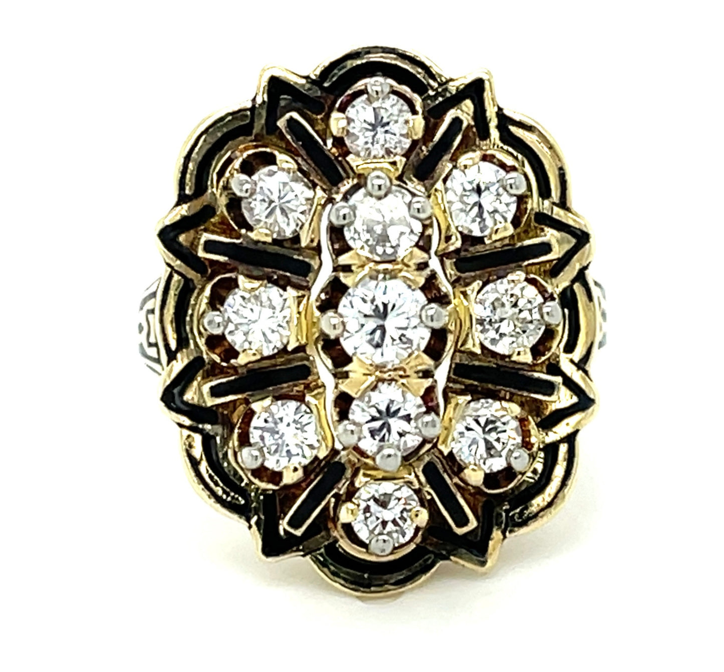 1.30ct Diamond 11 Stones 14KY Green Gold 10.40gr Ring Circa 1960s