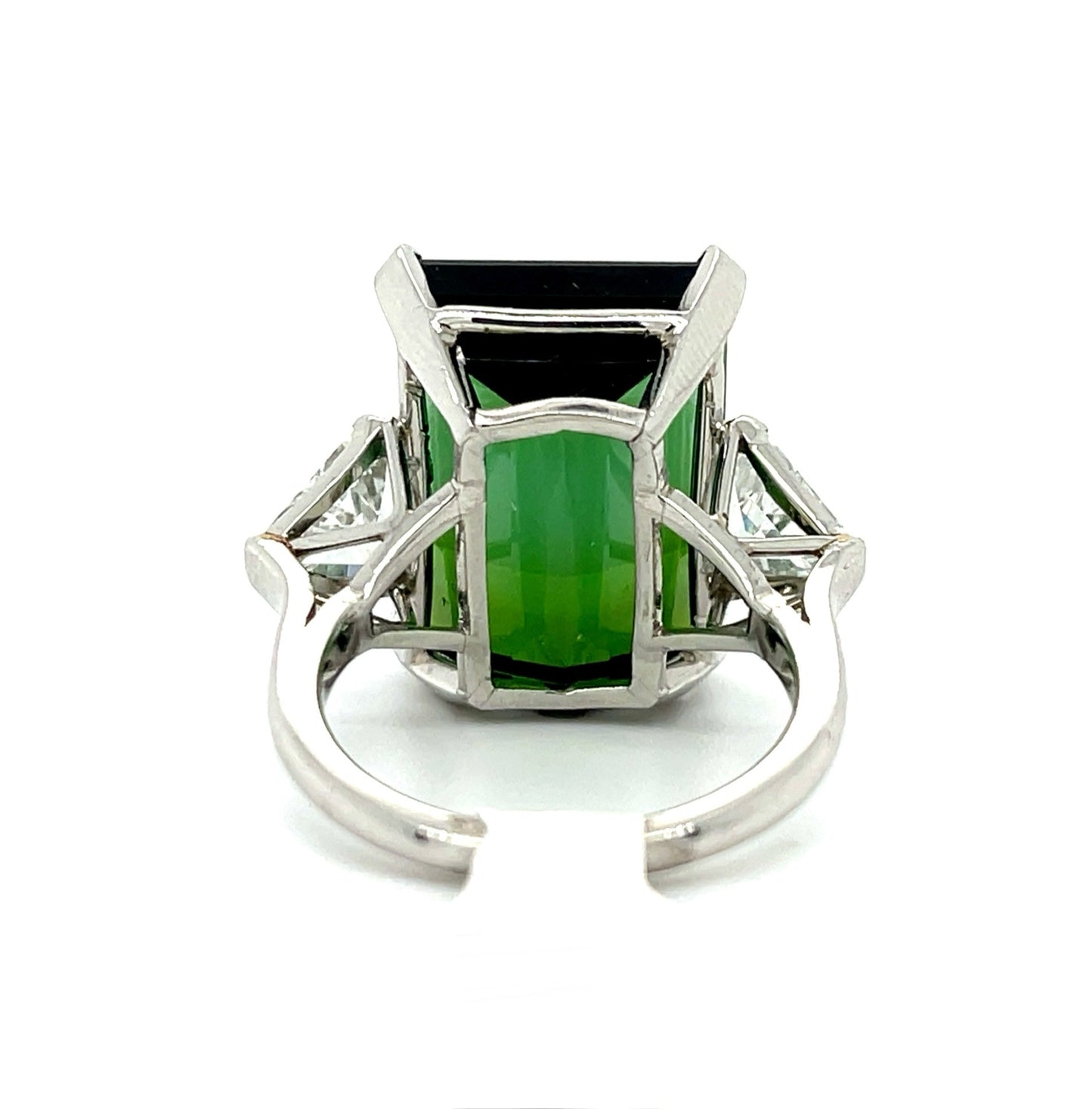 29.52ct Green Emerald Cut Tourmaline Platinum Ring 1.90ct Diamonds
