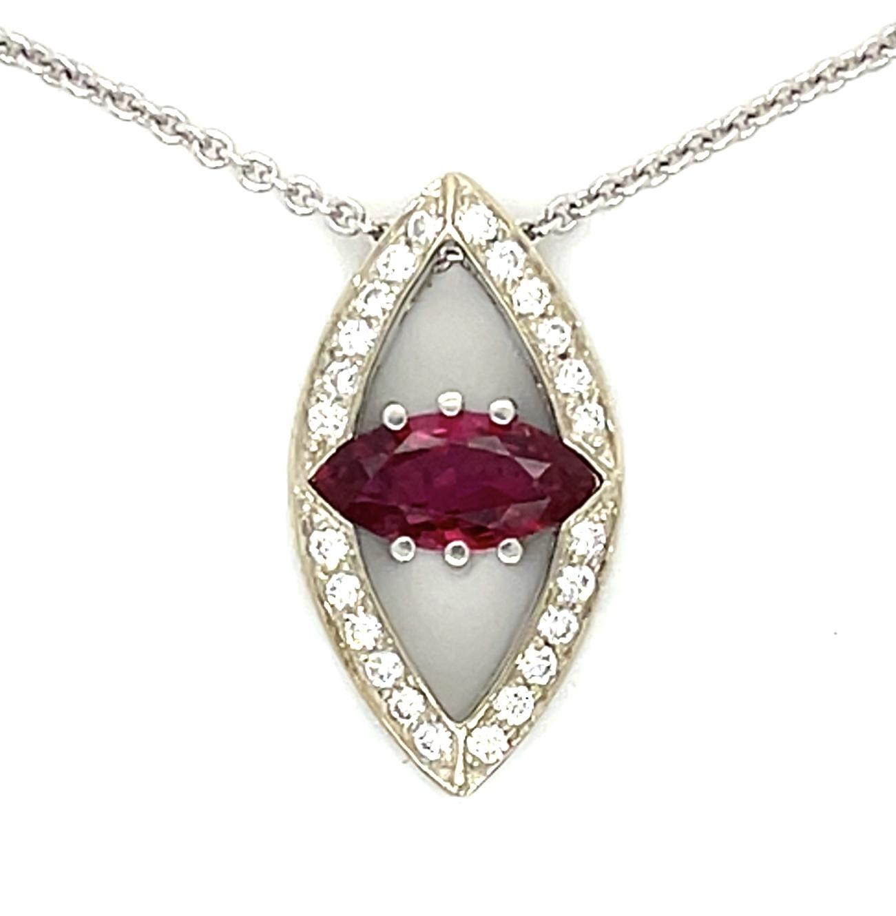1.55ct Ruby .40ct Diamond 18KW Pendant 16" Length 7.70g