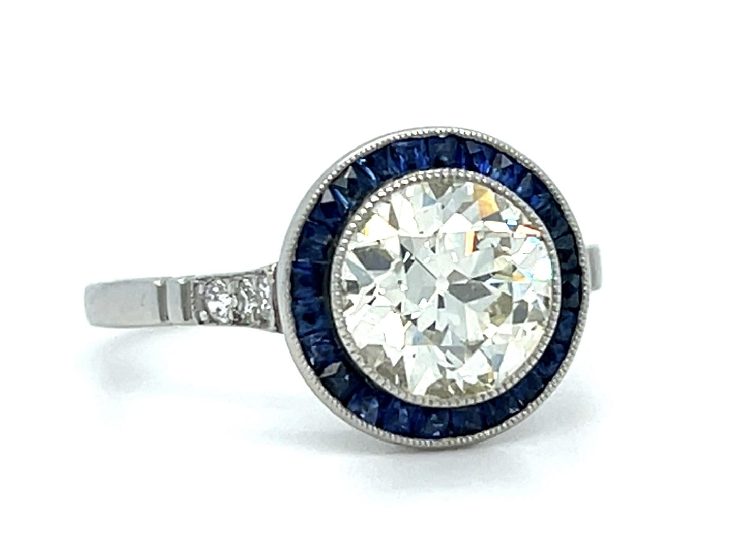 1.85ct Old European Diamond .64ct Sapphire Platinum Handmade Ring 4.30g 7 Size