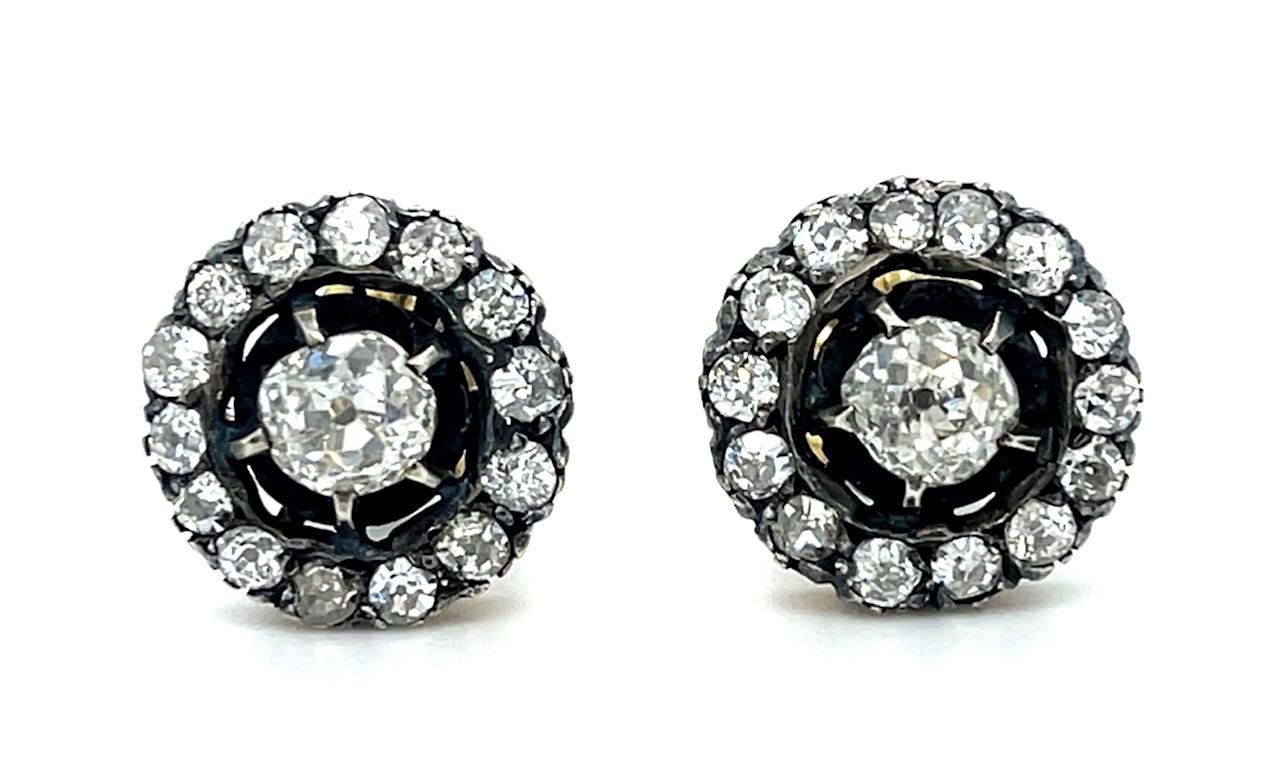 1ct Old Mine Center Diamonds 14KY Stud Earrings 2ct SD 4.90g