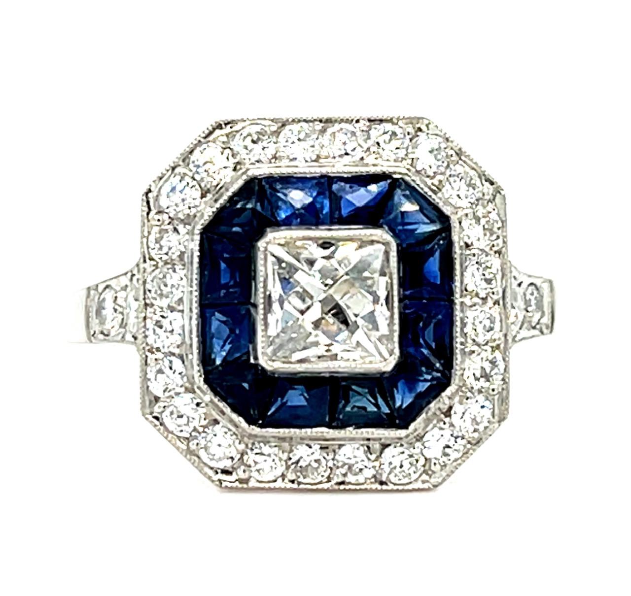 .56ct Square French Cut Diamond 1.28ct Sapphire .53ct SD Platinum Ring 4.73g 6.5