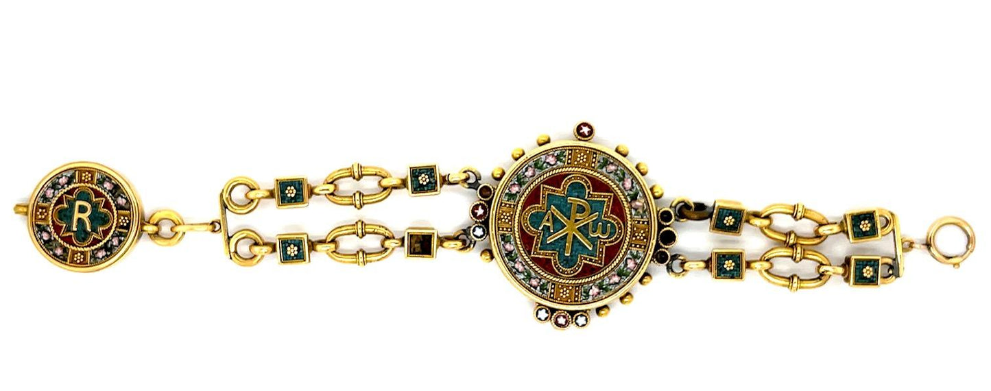 Victorian Mosaic 18KY Bracelet (Antique 1860s) Papal Grand Tour Souvenir Chi Rho