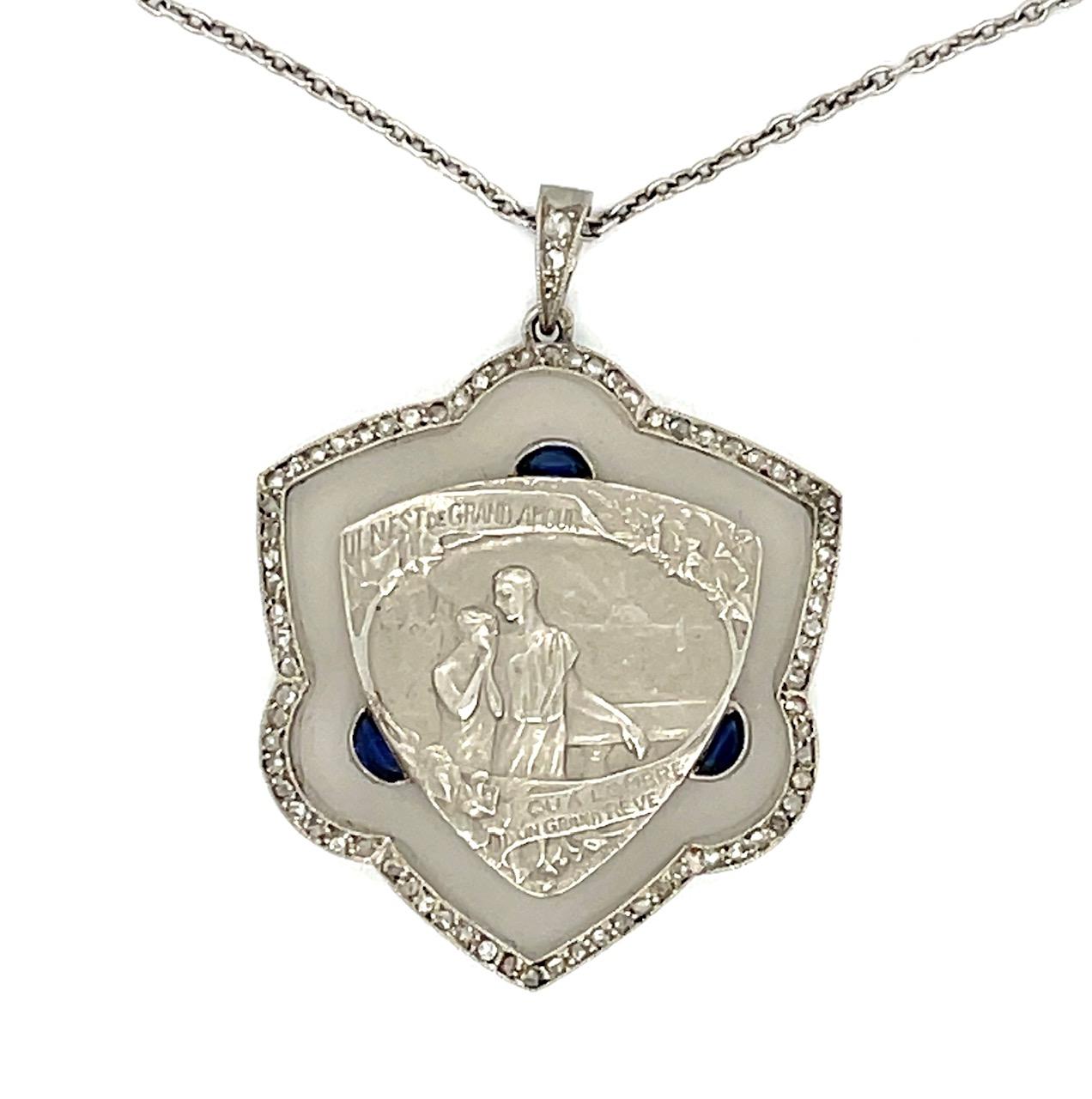 French Art Deco Crystal, Diamond & Sapphire Antique PT Pndnt (c:1920s)