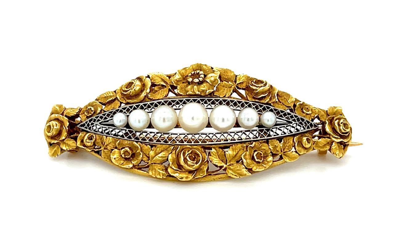 French Art Nouveau Pearl PT/18KY Antique Brooch (c:1900s) 9.54g 1.75"