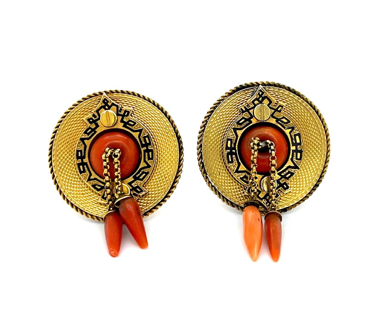 Victorian Coral & Black Enamel 18KY Antique Earrings (c:1880s) 13.39g