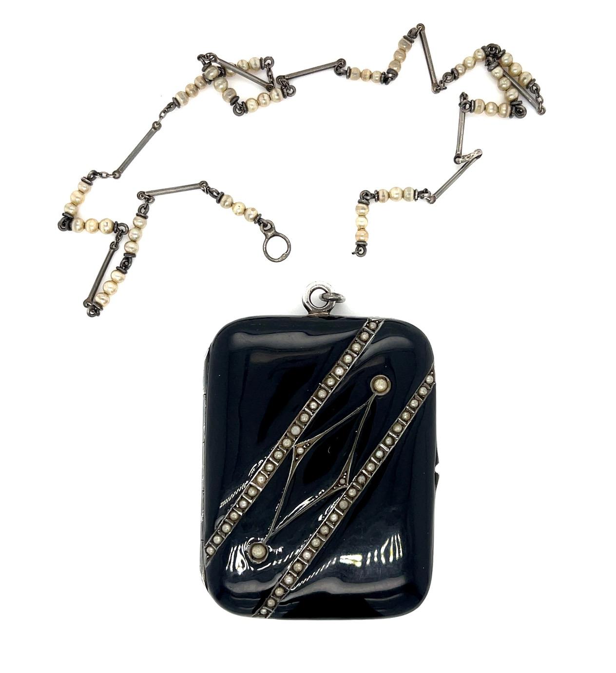 Art Deco Enamel & Pearl Silver Antique Pndnt