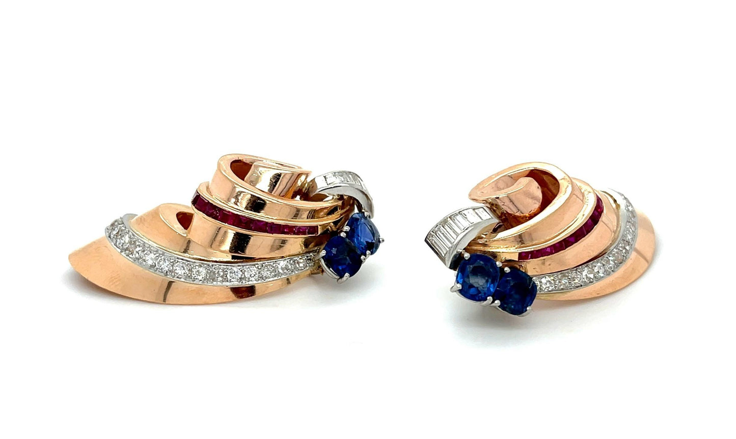 Retro 2ct Dia 14K Rose Gold+PT Earrings (1940s) 1ct Rby 1.25ct Sap 2ct Dia