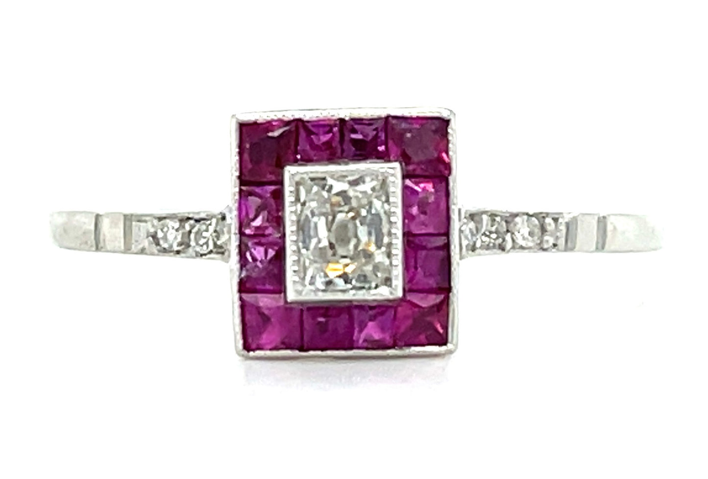 .19ct Diamond Old Mine Cut & 0.44ctw Ruby PT 2.20gr Ring Handmade