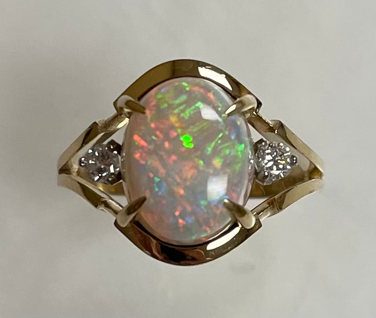 6.00ct Australian Fire Opal & 0.24ctw Diamond 18KY 8.80gr Ring Circa 1970s