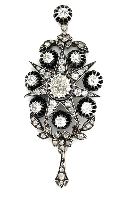 1ct Center Euro Dia Silver & 14KY 15.85gr Victorian Starburst Pendant