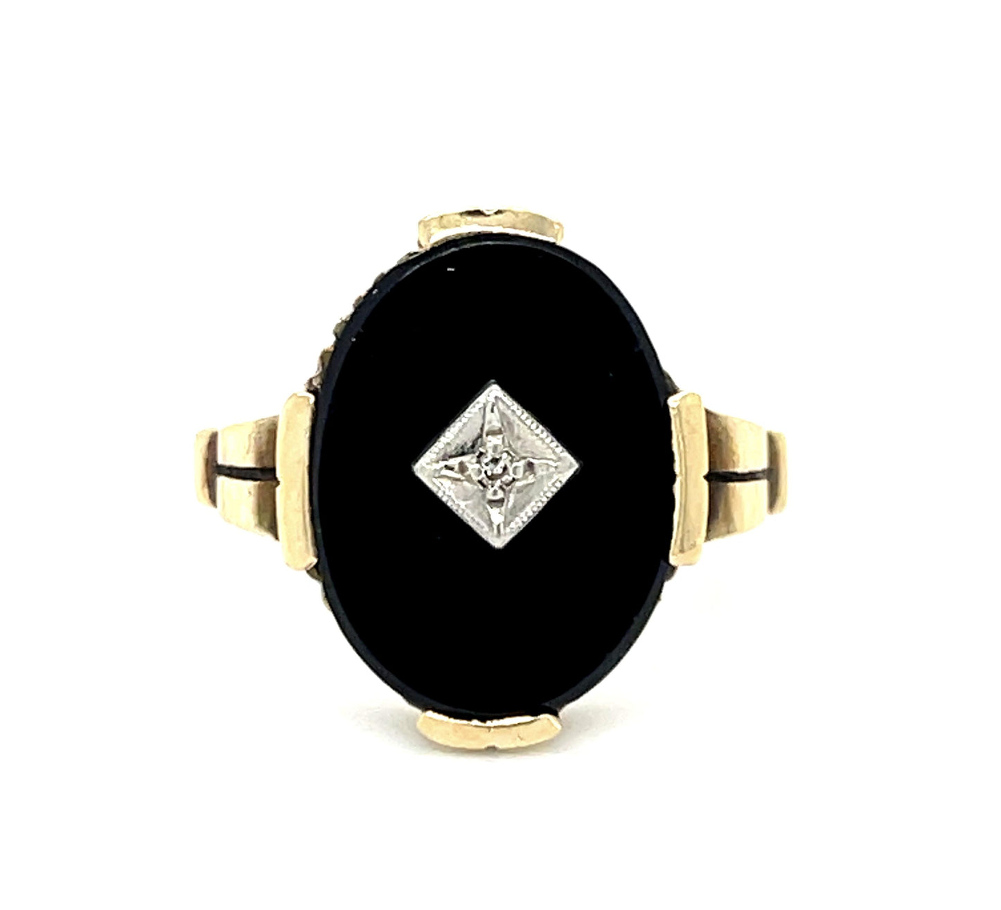 Estate 0.03ct Diamond & Onyx 10K 4.25gr Art Deco Ring Circa 1930s Size 6.50