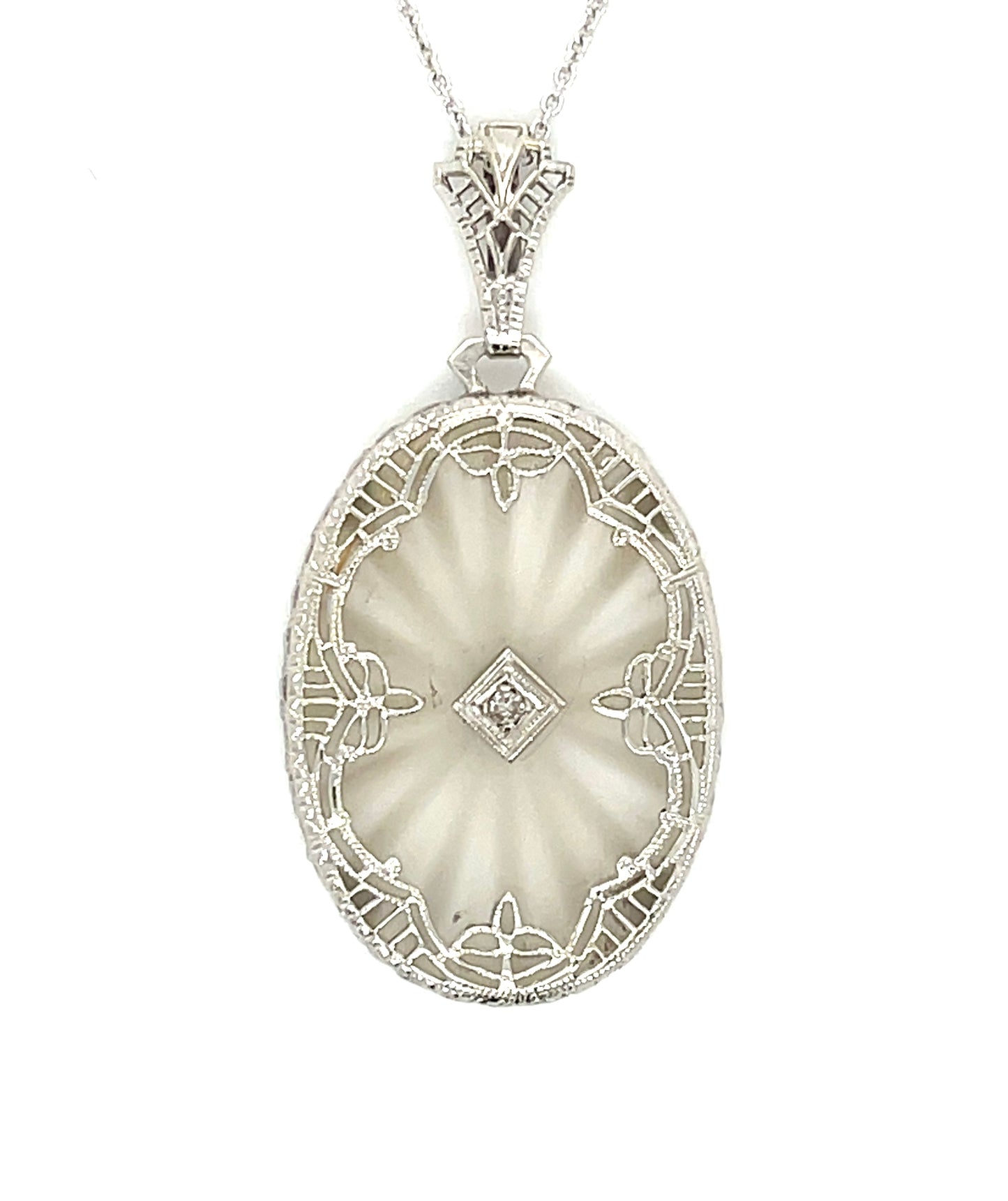 Estate 0.03ct Diamond & Rock Crystal 14KW 4.20gr Art Deco Pendant Circa 1930s