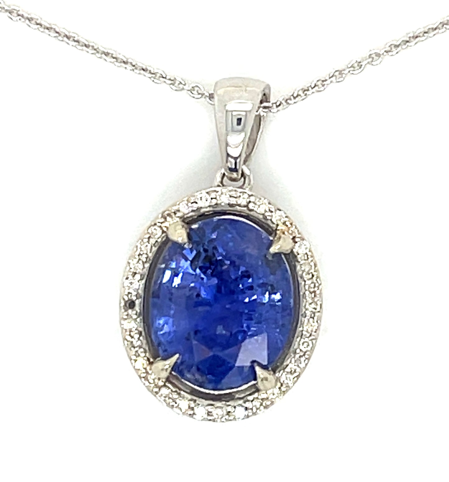 3.53ct Blue Sapphire & 0.12ctw Diamond 14KW 4.00gr Pendant Length 16