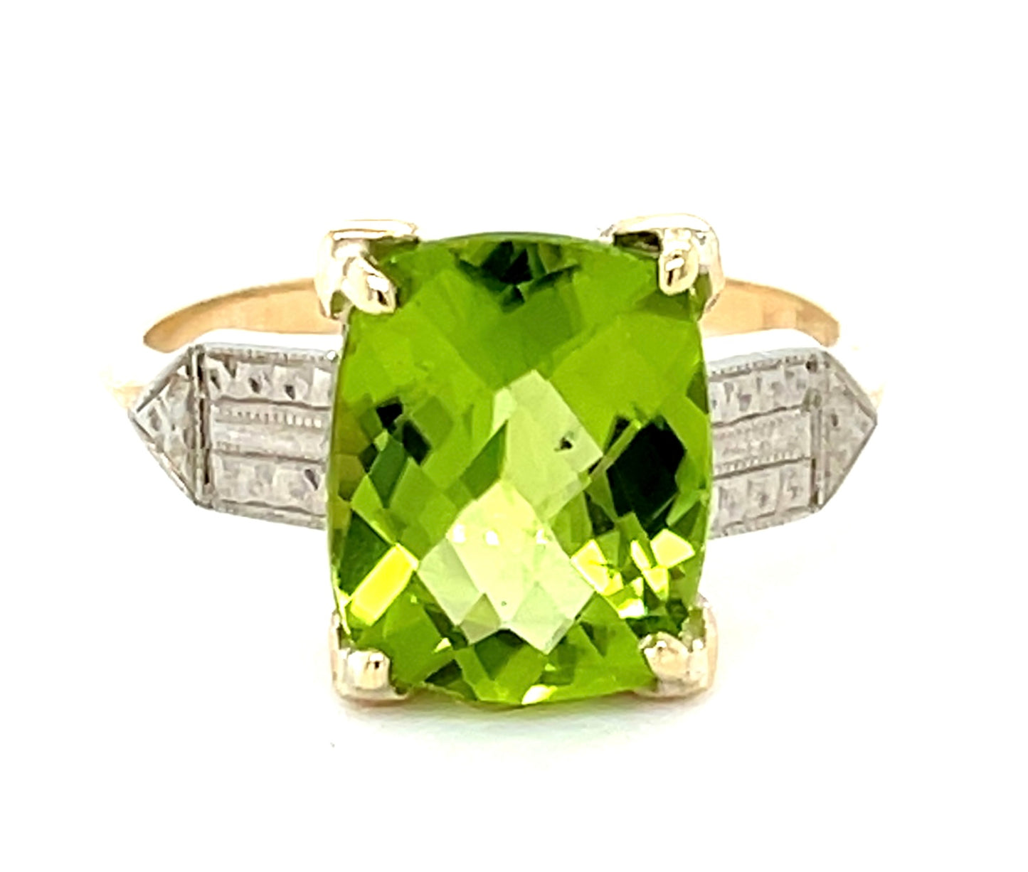 3.77ct Peridot 14KY 2 Tone Gold 3.30gr Edwardian Ring Circa 1910s