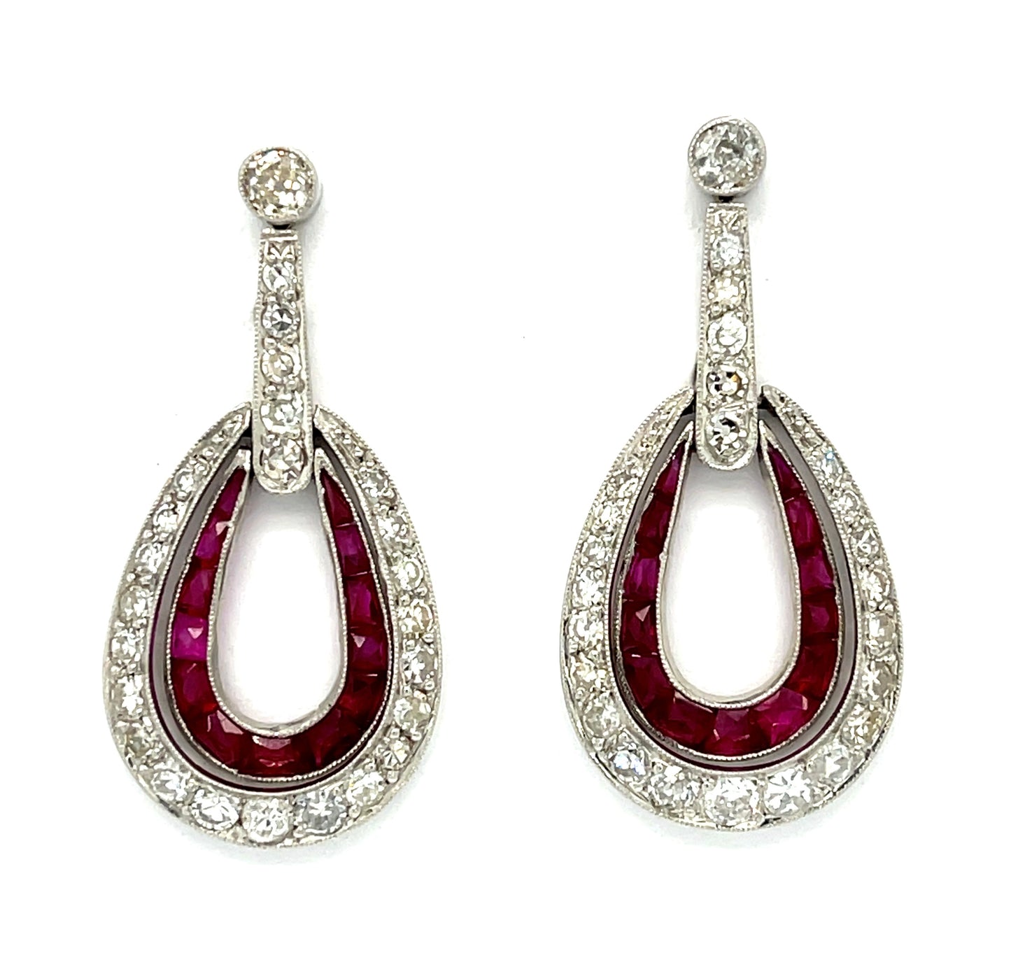 1.85ct Diamond & 3.40ctw Ruby PT 9.00gr Earrings Length 1.35