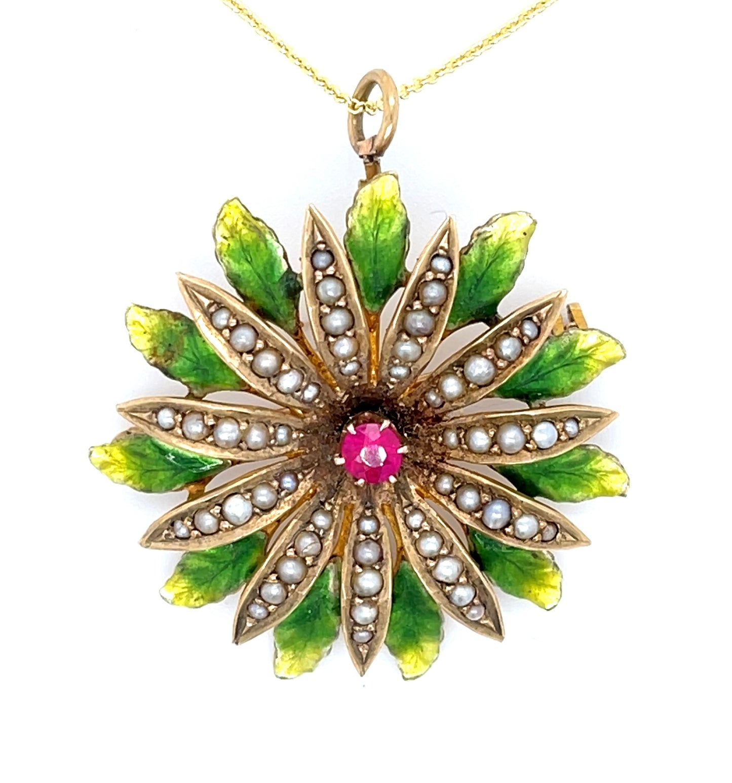 Estate 0.18ct Ruby & Pearl 14KY 9.30gr Art Nouveau Pendant Circa 1900 Length