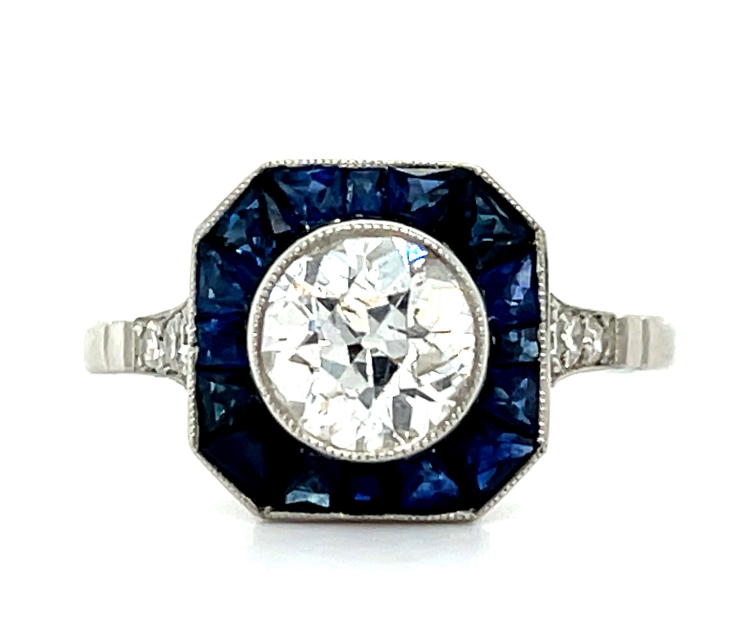 1.18ct European-cut Diamond & 1.10ctw Sapphire PT 3.91gr Ring Handmade .14ct S
