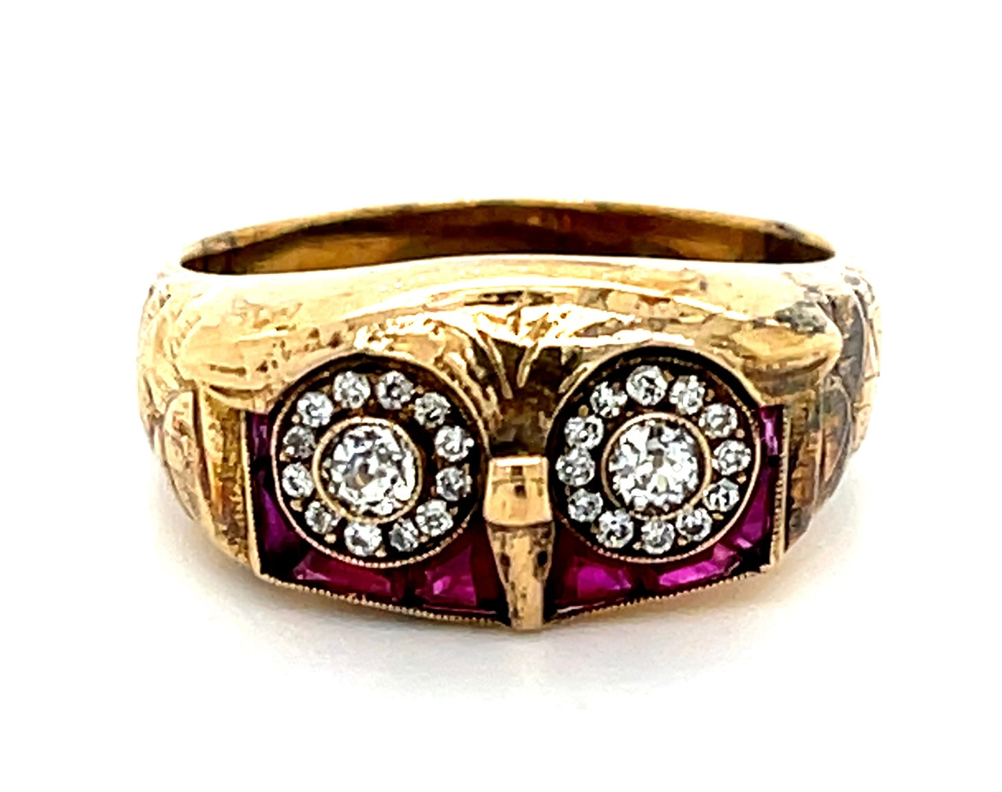 0.32ct European-cut Diamond &  0.68ctw Ruby 18KY  7.90gr Ring Handmade Owl Size