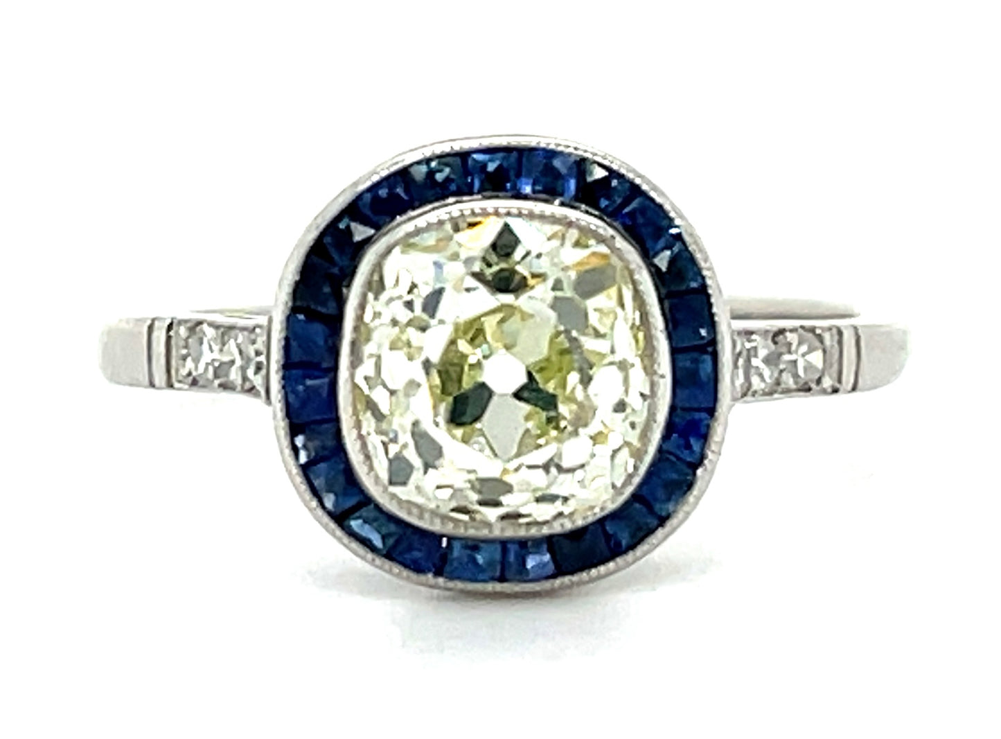 1.51ct Diamond Cushion &  0.60ctw Sapphire PT  3.34gr Ring Handmade .10ct Sd Siz