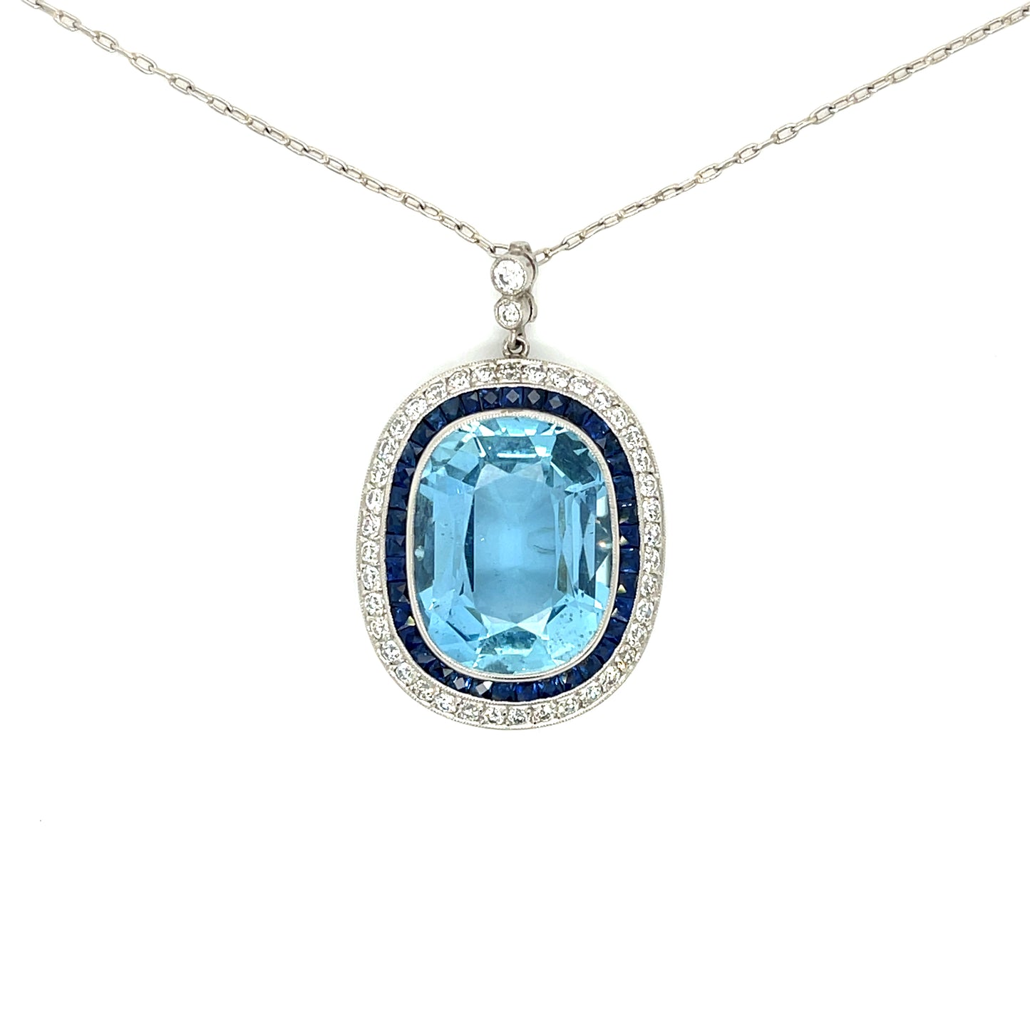 12.16ct Aquamarine 1.70ct French cut Sapphires .87ct Old European Cut Diamonds Handmade Platinum Pendant