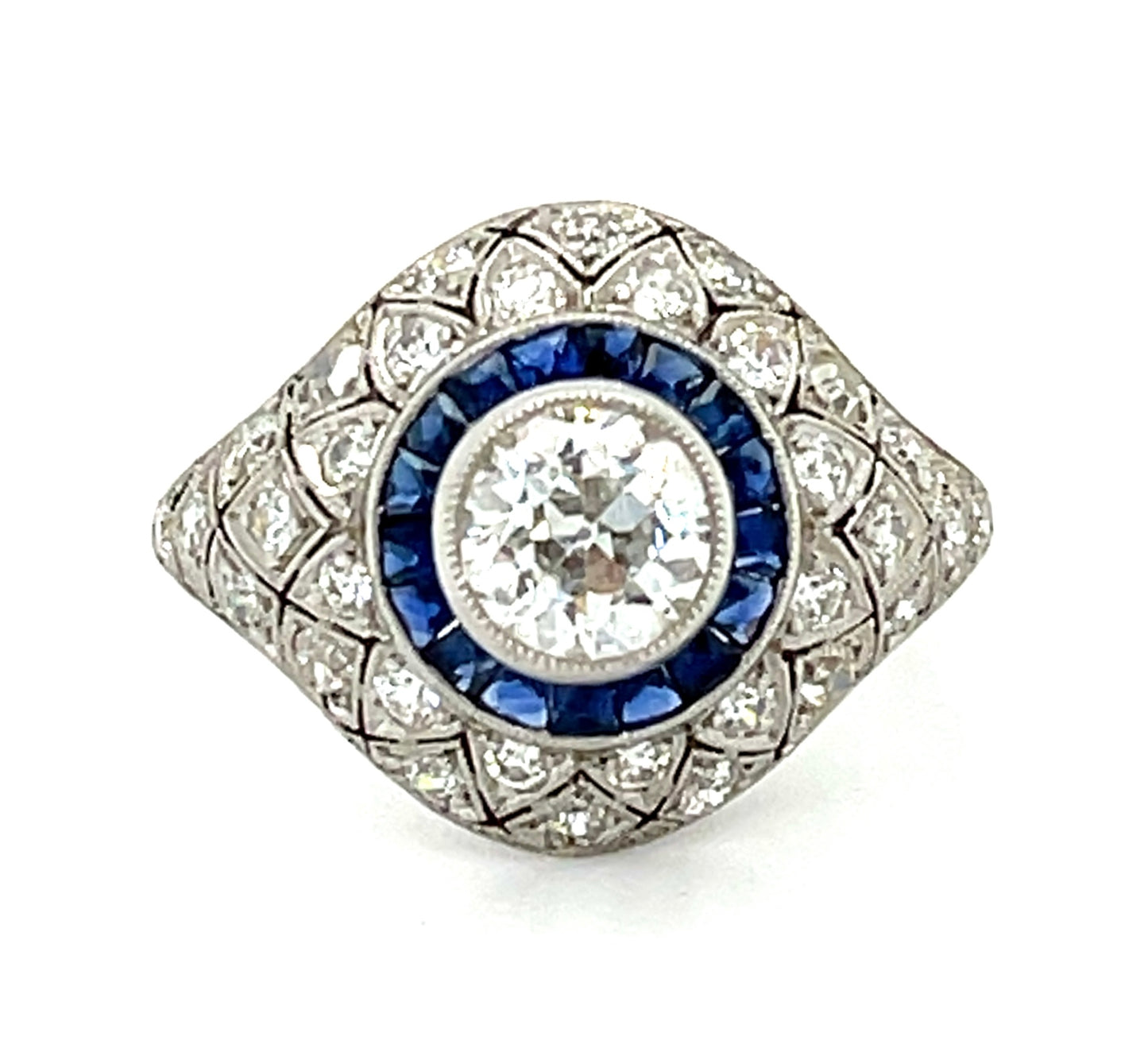 0.91ct European-cut Diamond & 0.98ctw Sapphire PT 5.20gr Ring Size 7.25