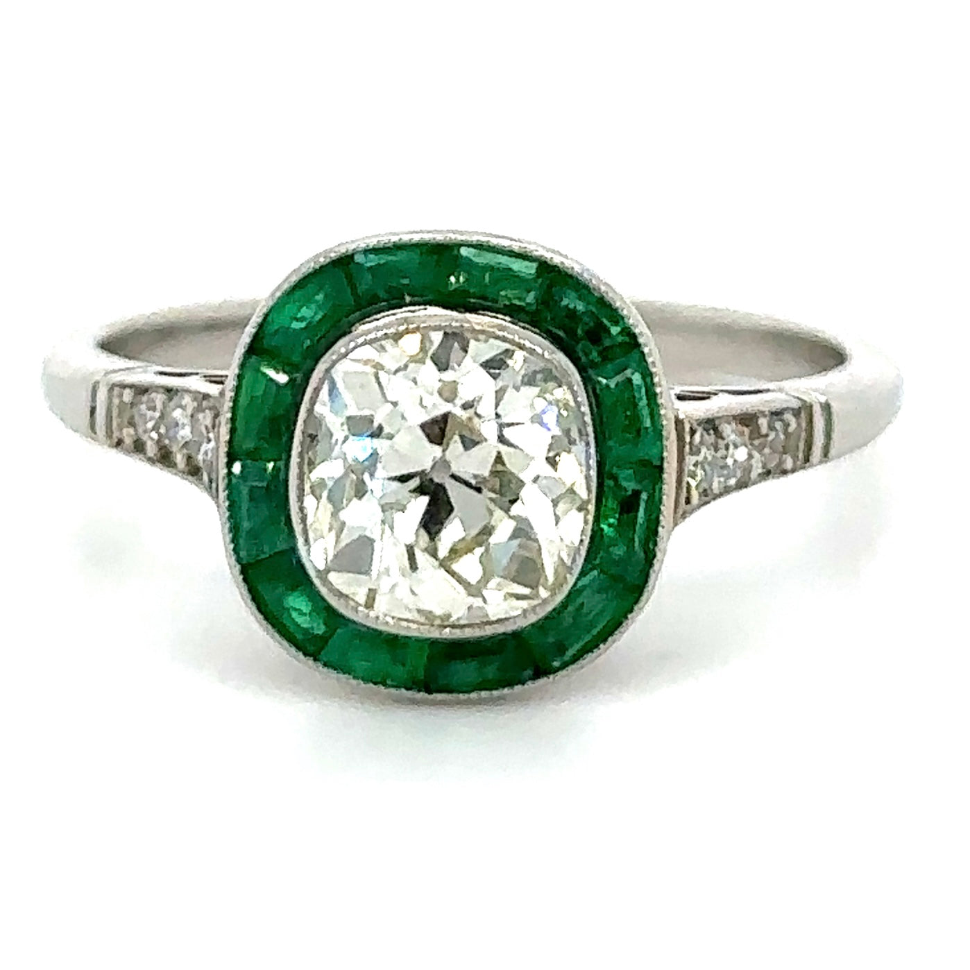 1.18ct Diamond Old Mine Cut Cushion & 0.78ctw Emerald PT 3.80gr Ring Sd-.14ct