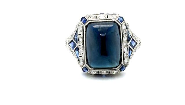 Art Deco 12.00ct Sapphire &  1.40ctw Diamond PT  6.10gr Ring Circa 1920 Size 7