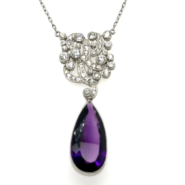 14.00ct Amethyst & 1.65ctw Diamond PT 9.70gr Necklace Handmade Length 18''
