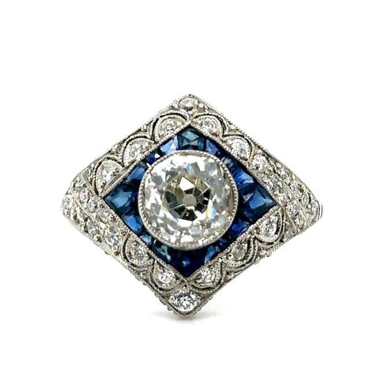 1.67ct Old Mine Diamond .78ct Sapphire Platinum Handmade Ring .90ct SD Size 7