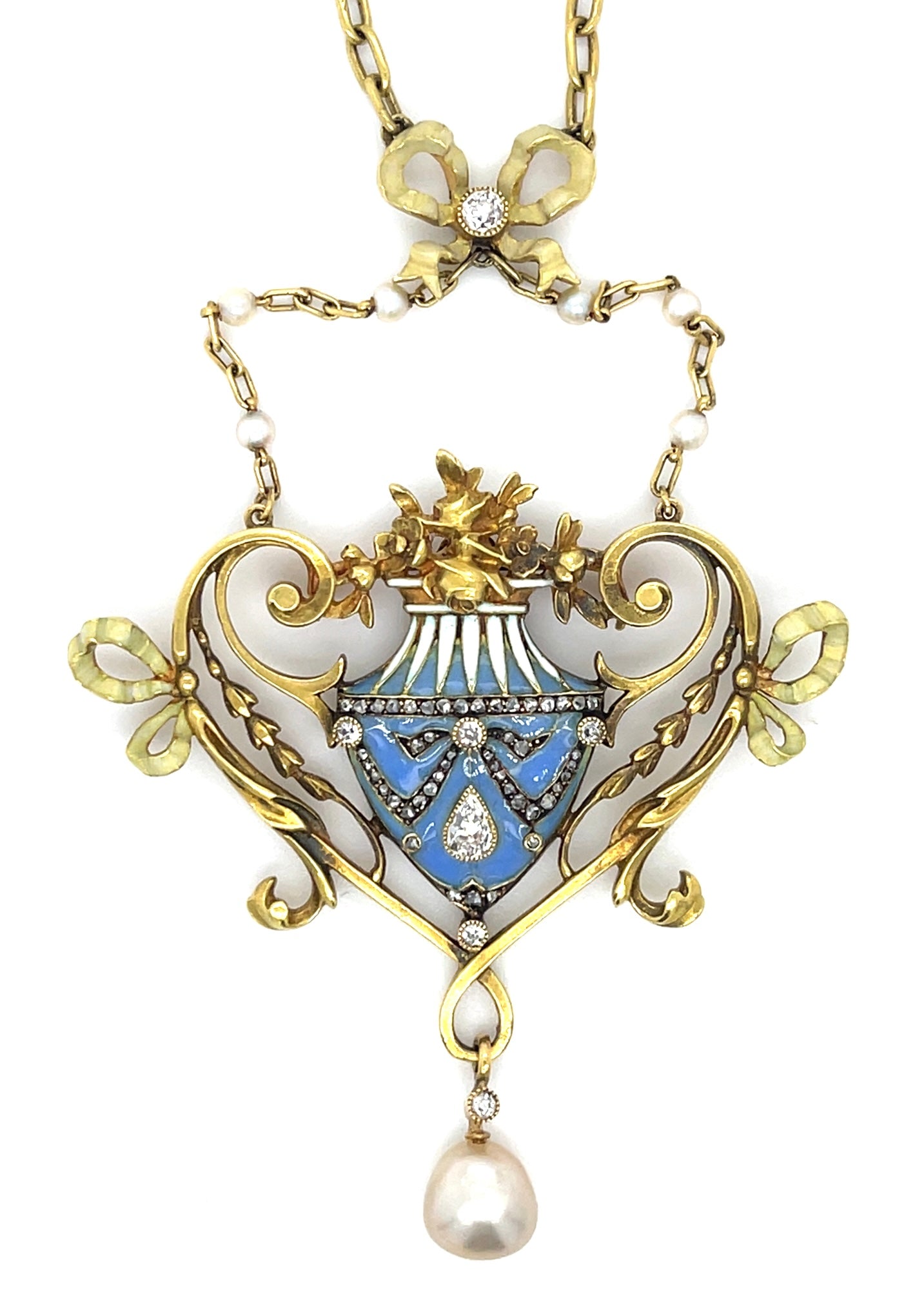 Art Nouveau French Signed Lucien Gautrait Pearl, Enamel & 0.41ctw Dia Pendant