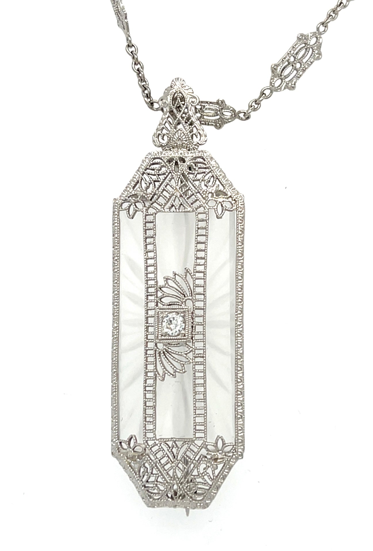 Art Deco .10ct Diamond & Quartz 14KW Art Deco Pendant Circa 1930s