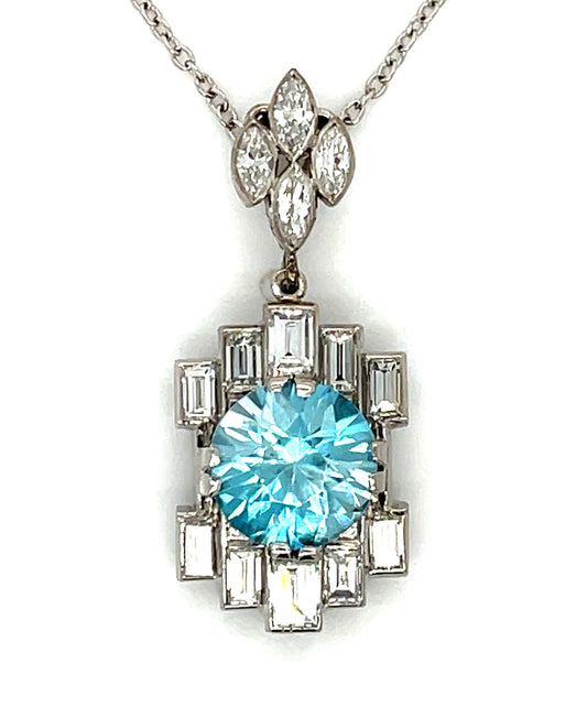 Art Deco 4.10ct Blue Zircon 1.56ct Diamond PT 6.70gr Pendant Circa 1930s