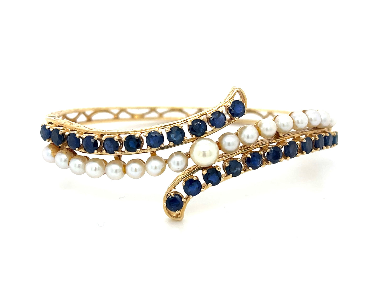 3.00ct Sapphire & Pearl 14KY 17.67gr Bangle Bracelet Circa 1960s