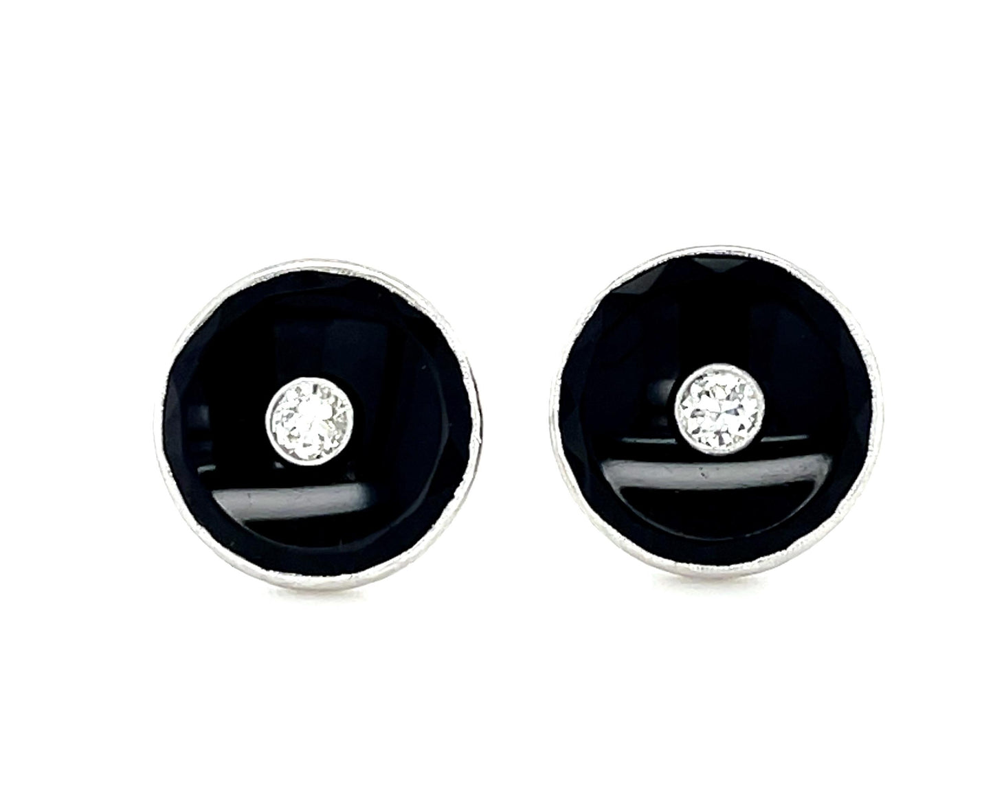 Art Deco .30ct Diamond Onyx 14KW Disc Stud Earrings (Vintage 1930s) 3.12g