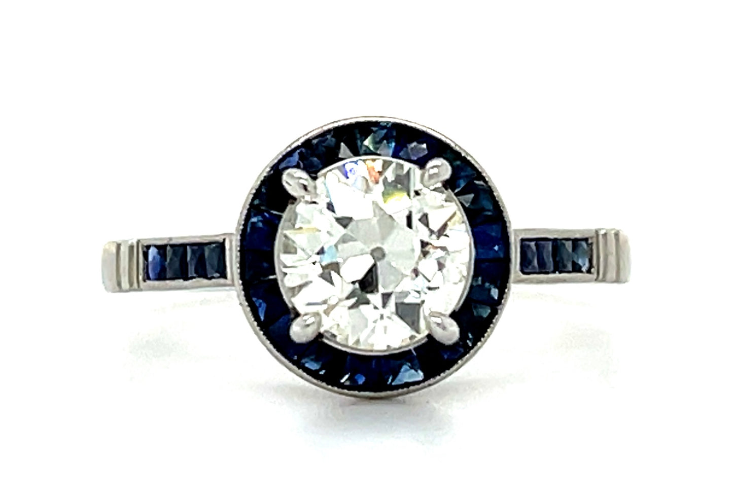 0.95ct European-cut Diamond & 1.00ctw Sapphire PT 3.61gr Ring Size 7.50
