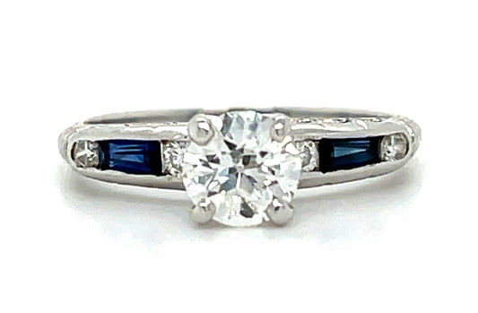 Estate 0.68ct European-cut Diamond & 0.30ctw Sapphire 14KW Ring .20ct Sd