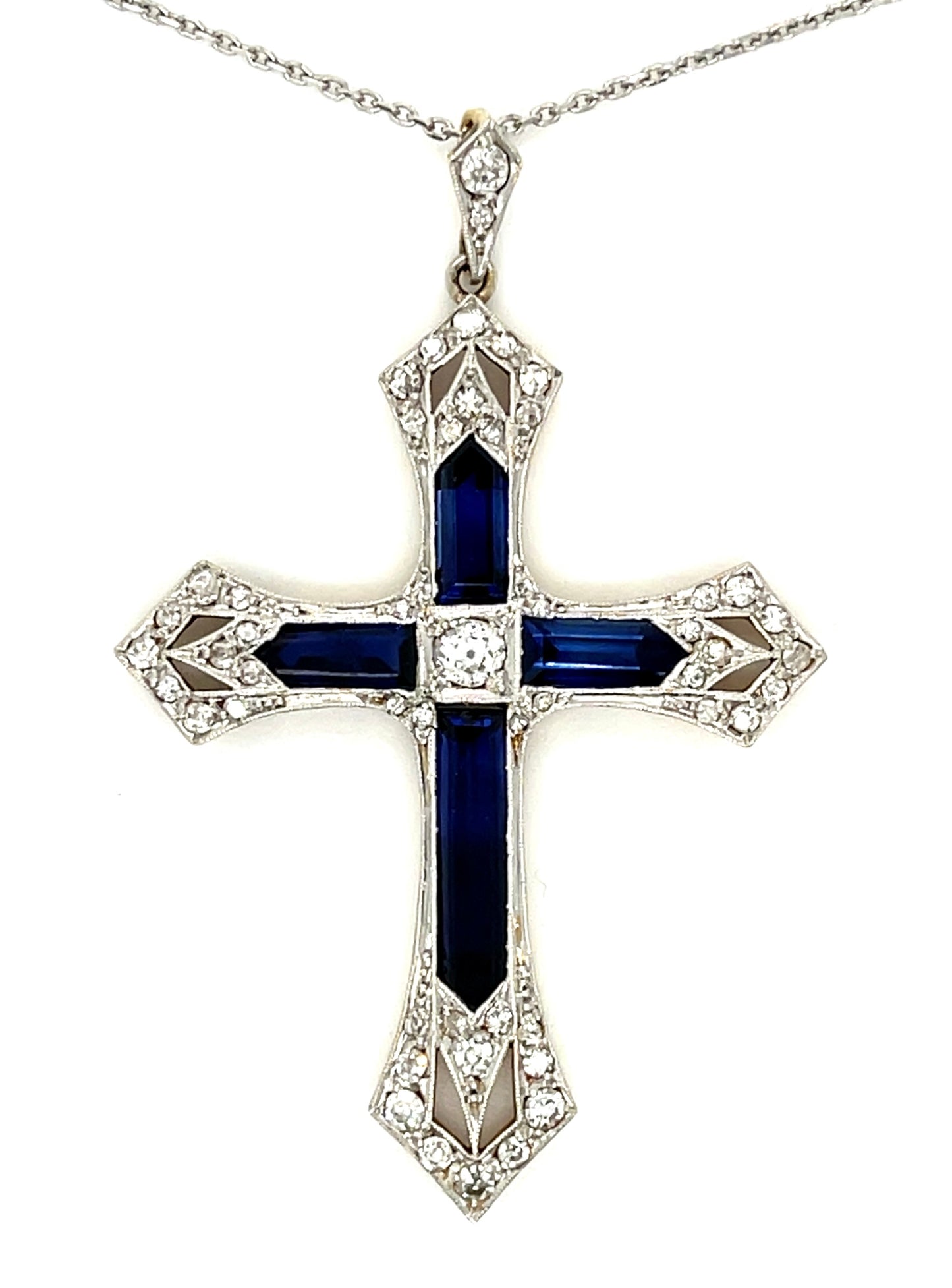 Edwardian 2.02ct Sapphire & 0.15ctw Dia PT/18K Cross Pendant (1900s) .55ct SD