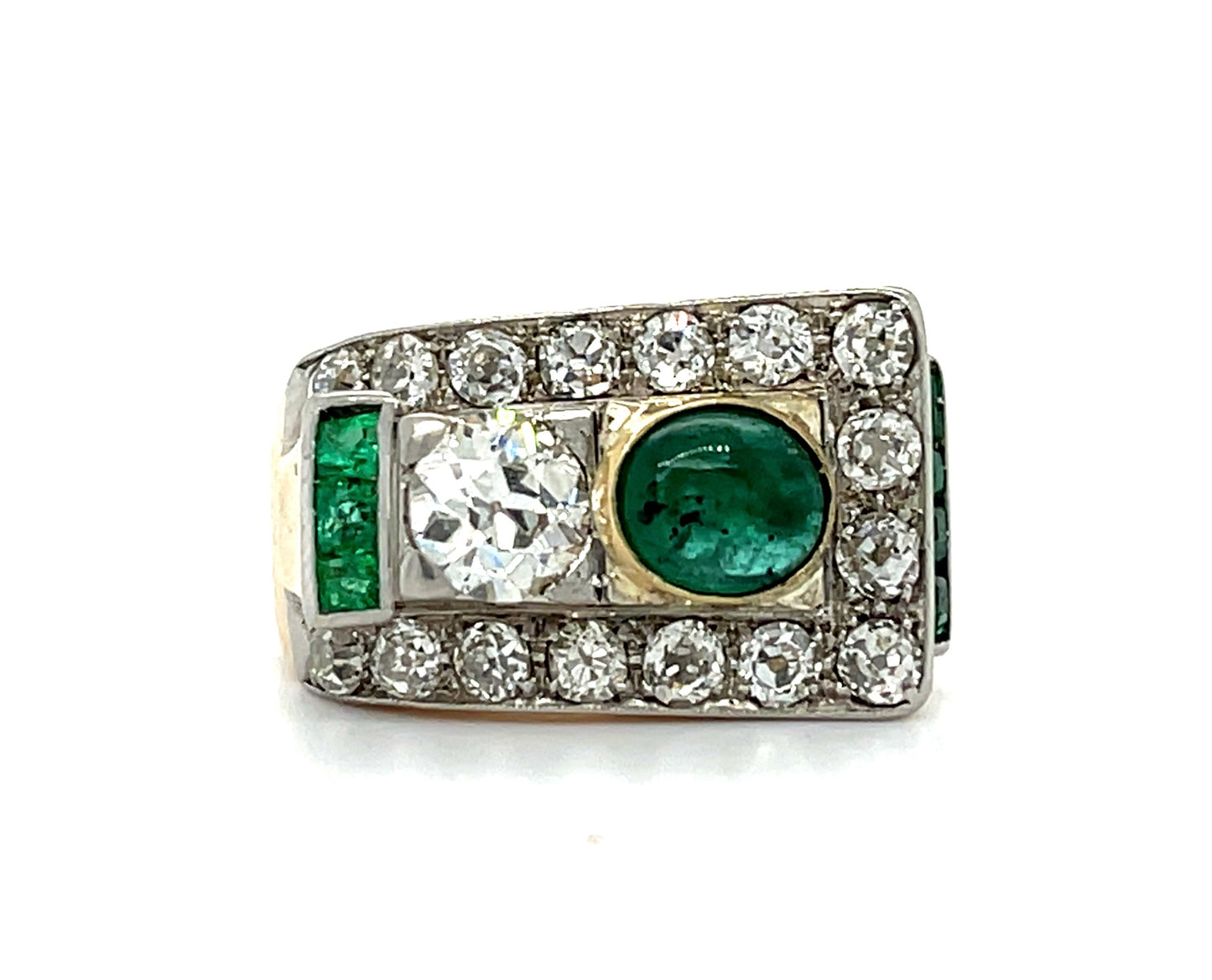 0.70ct Euro Diamond & 0.90ctw Emerald PT/18K 7.15gr Ring 1.40ct Sd .84 Emerald