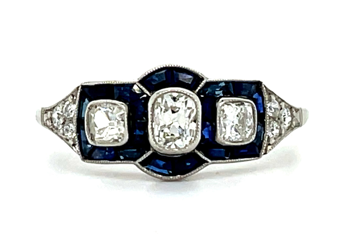 0.45ct European-cut Diamond & 1.00ctw Sapphire PT 3.56gr Ring Handmade .06ct S