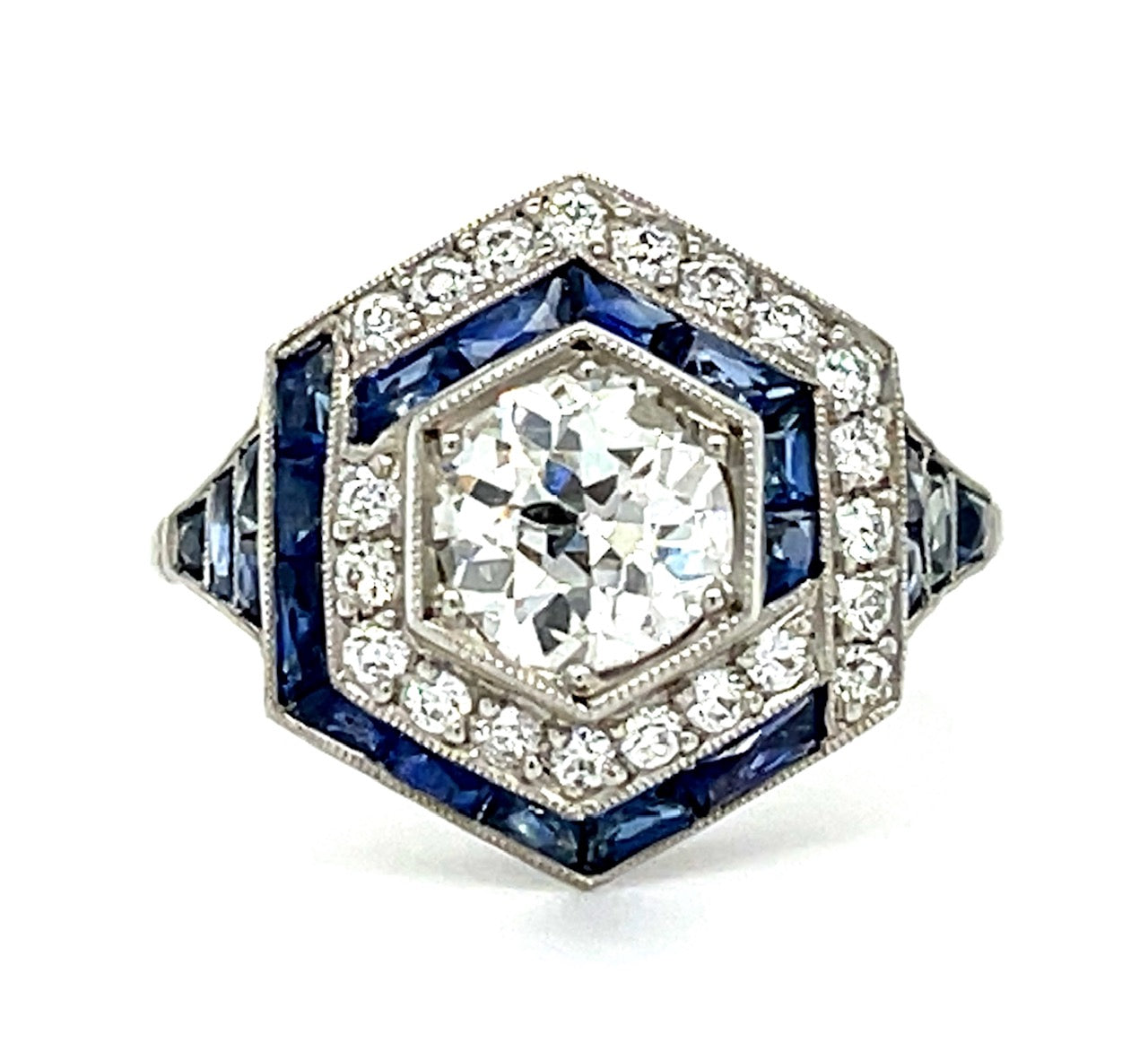 1.09ct European-cut Diamond & 1.50ctw Sapphire PT 5.00gr Ring Handmade .40ct S