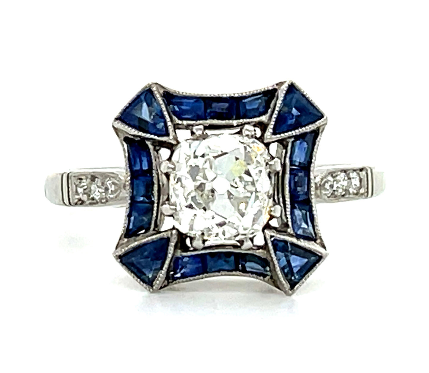 1.11ct Diamond Omc & 1.10ctw Sapphire PT 4.79gr Ring .06ct Sd Size 6.75