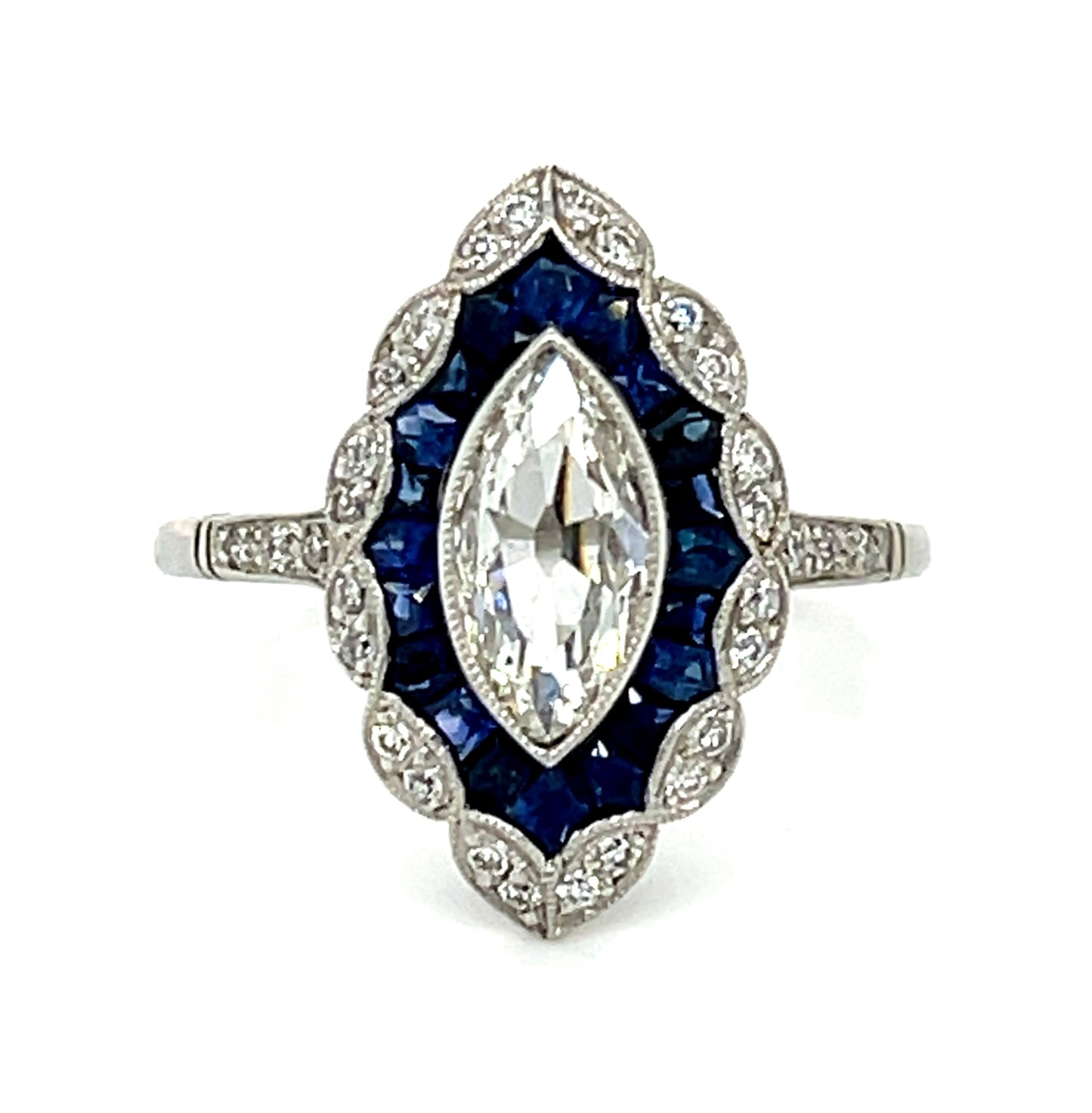 0.59ct Antique Diamond Marquise & 0.84ctw Sapphire PT 4.89gr Ring .30ct Sd Siz