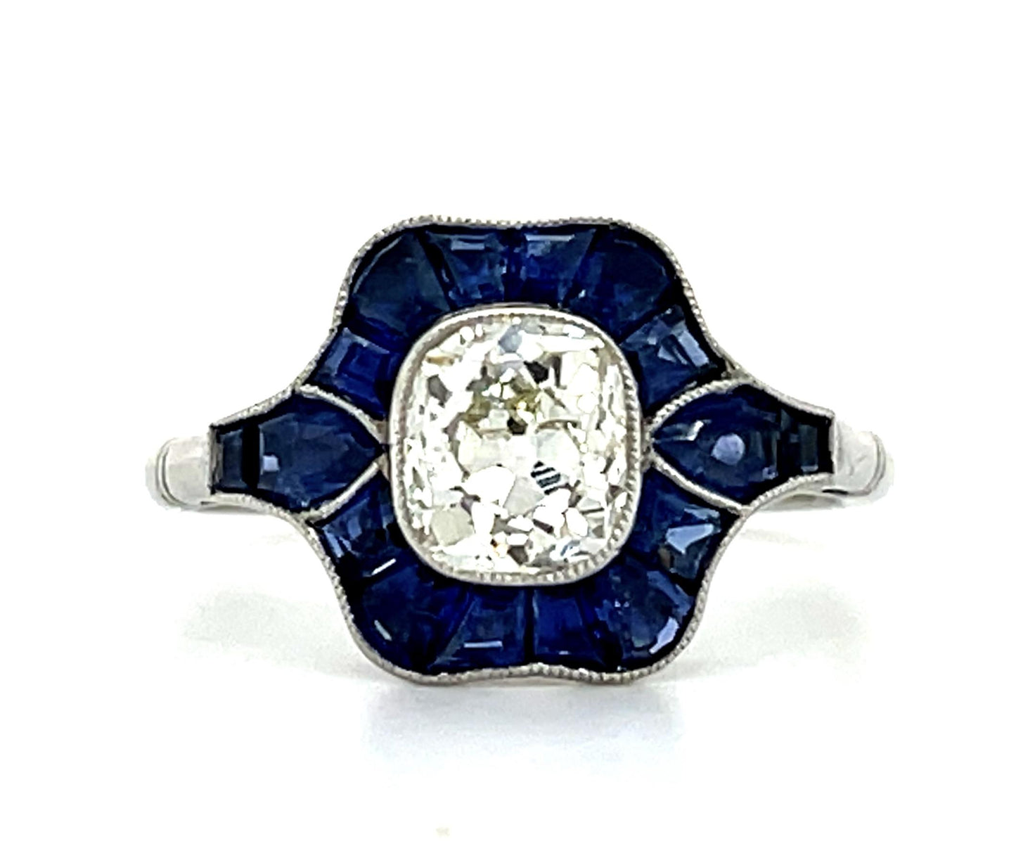 1.14ct Old Mine Diamond 1.92ct Sapphire PT Handmade Ring 4.48g 7.25 Size
