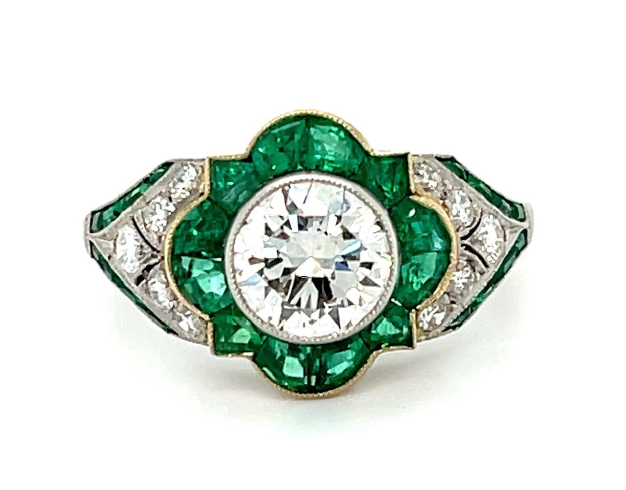 1.32ct European-cut Diamond & 2.37ctw Emerald PT 5.48gr Ring .56ct Sd Size 8.5