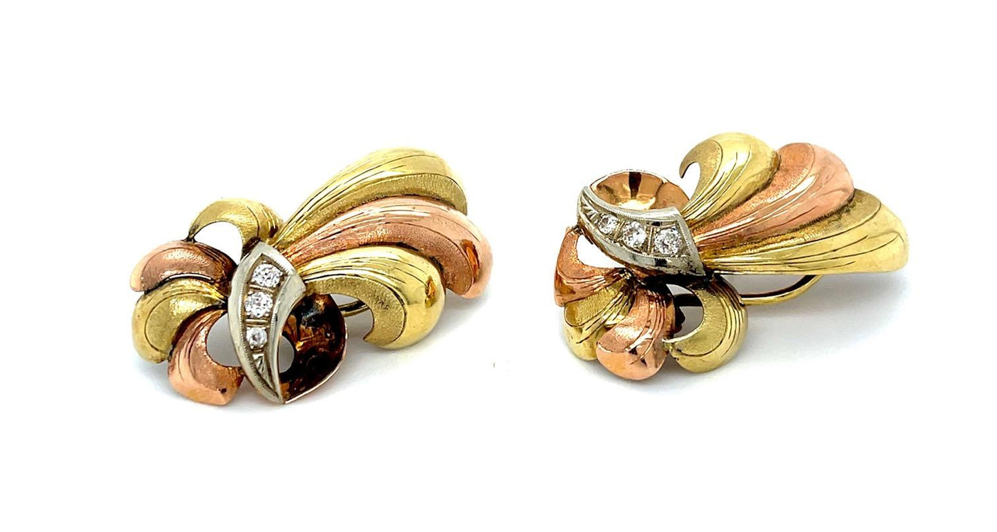 Estate 0.20ct Diamond 14KY 12.06gr Retro Earrings Circa 1940s Pink+yellow Gold