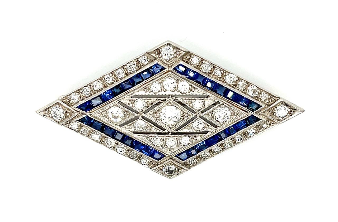 Estate 1.75ct Diamond & 1.72ctw Sapphire PT 11.48gr Art Deco Brooch 1920s