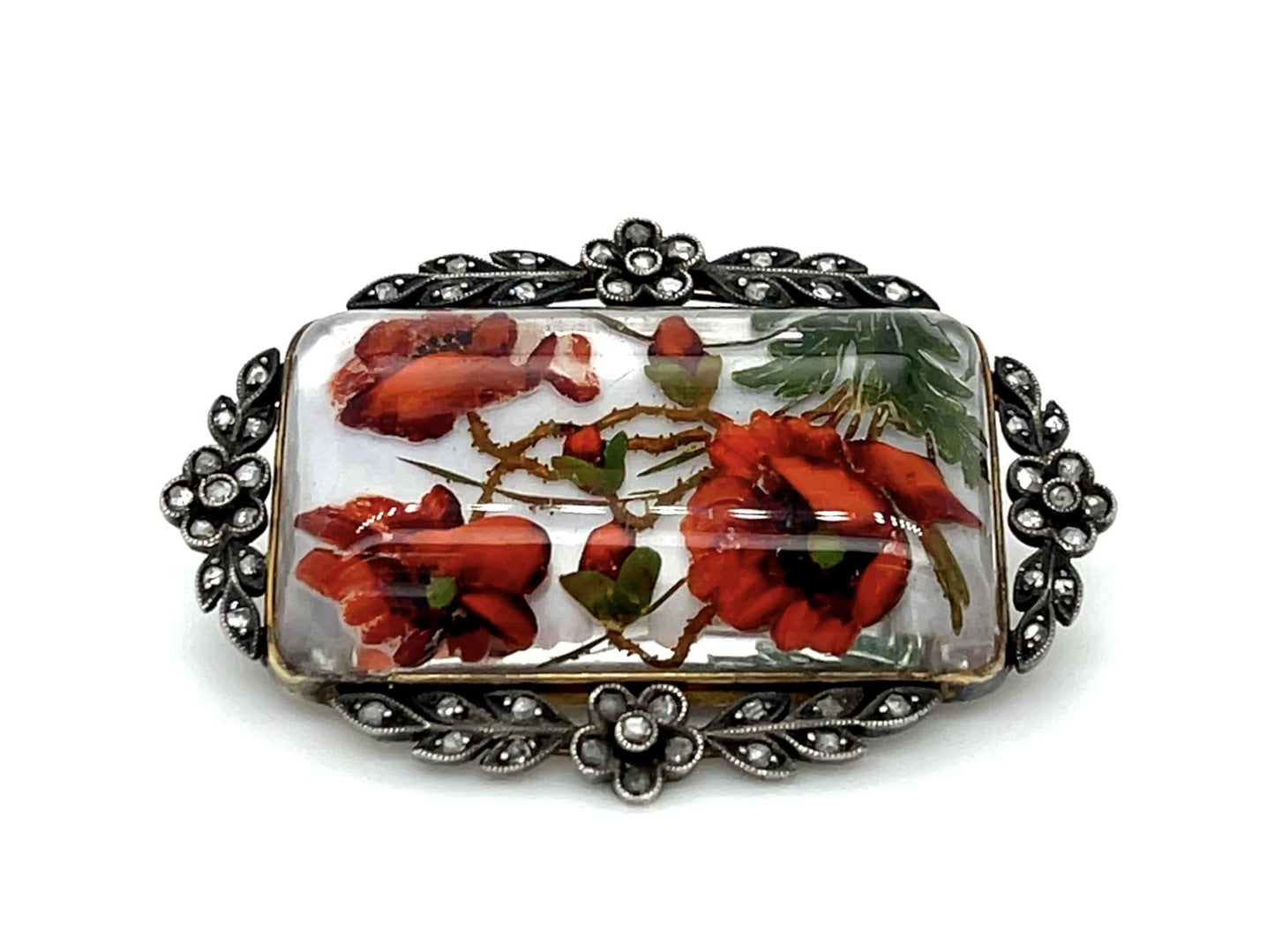 Estate Crystal 12K 13.13gr Brooch Carved Crystal Pin With Painted Flowers