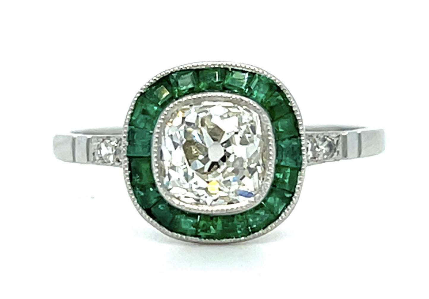 1.09ct Old Mine Diamond .74ct Emerald Platinum Handmade Ring 3.10g 7.25 Size