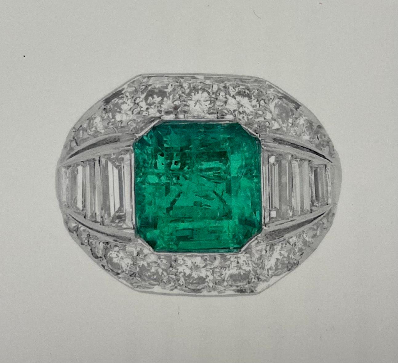 2.40ct Colombian Emerald 1.50ct Diamonds Palladium Vintage Ring (Circa 1940s)